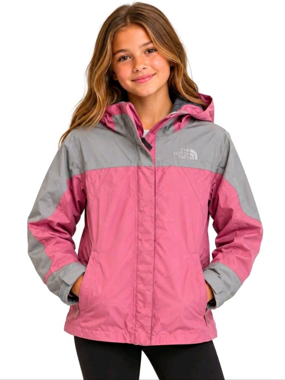 The North Face Girls Large Pink Gray Colorblock Hooded full Zip Jacket